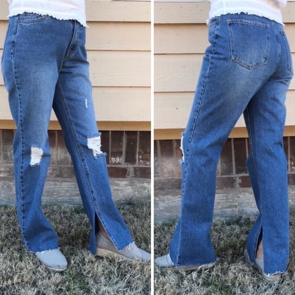 New! Avec Les Filles Split Hem High Waist Straight Leg Jeans - Picture 1 of 15